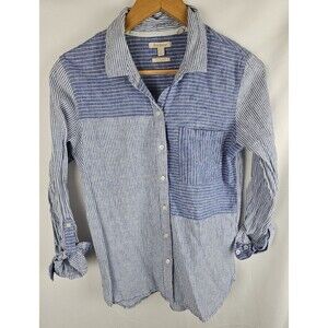 Barbour Beachfront Shirt Womens Size US 4 Blue White Striped Button Up Roll Tab